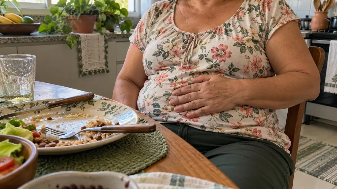 Mulher com a mão na barriga estufada depois do almoço