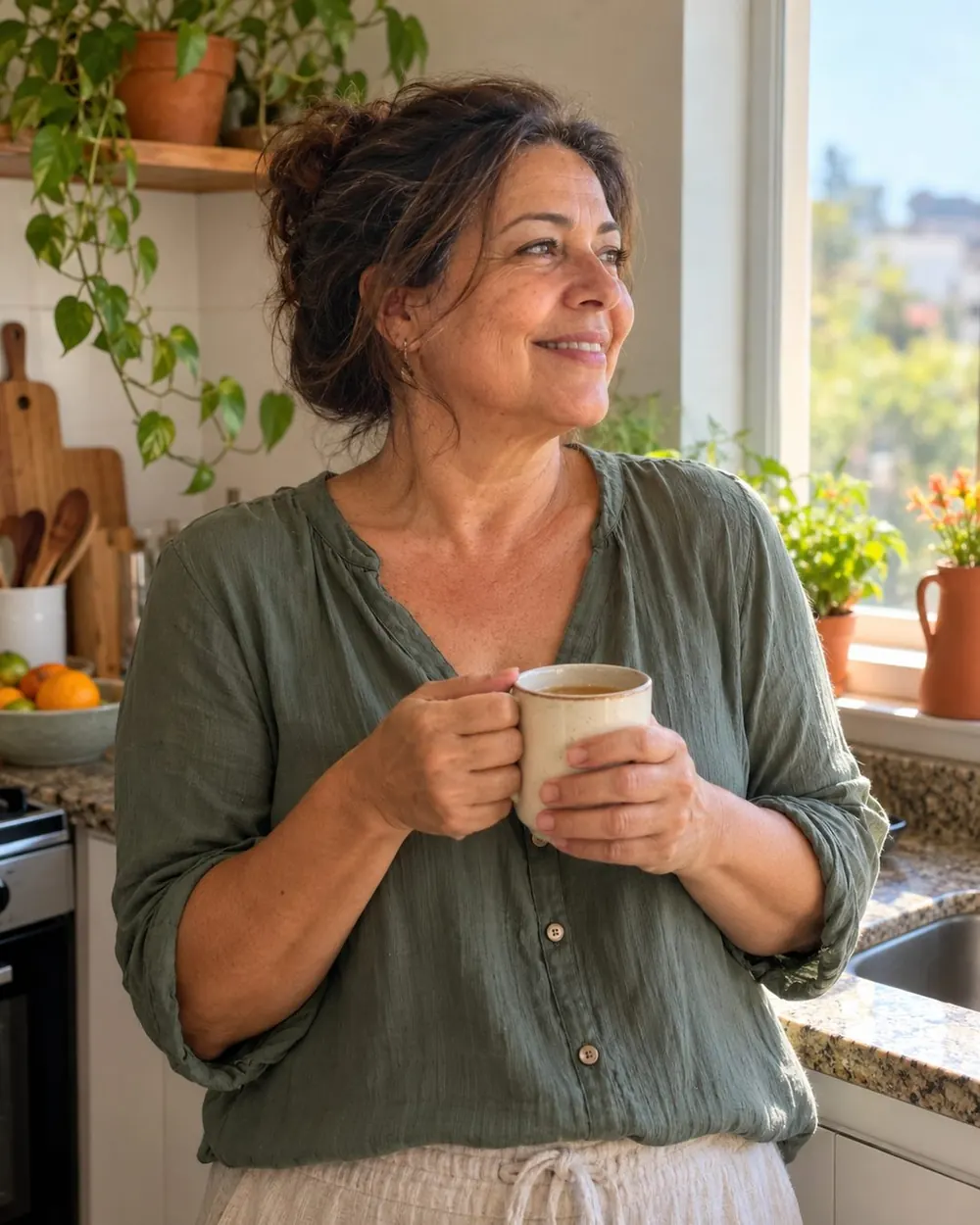 Mulher sorrindo tomando chá na cozinha, de manhã