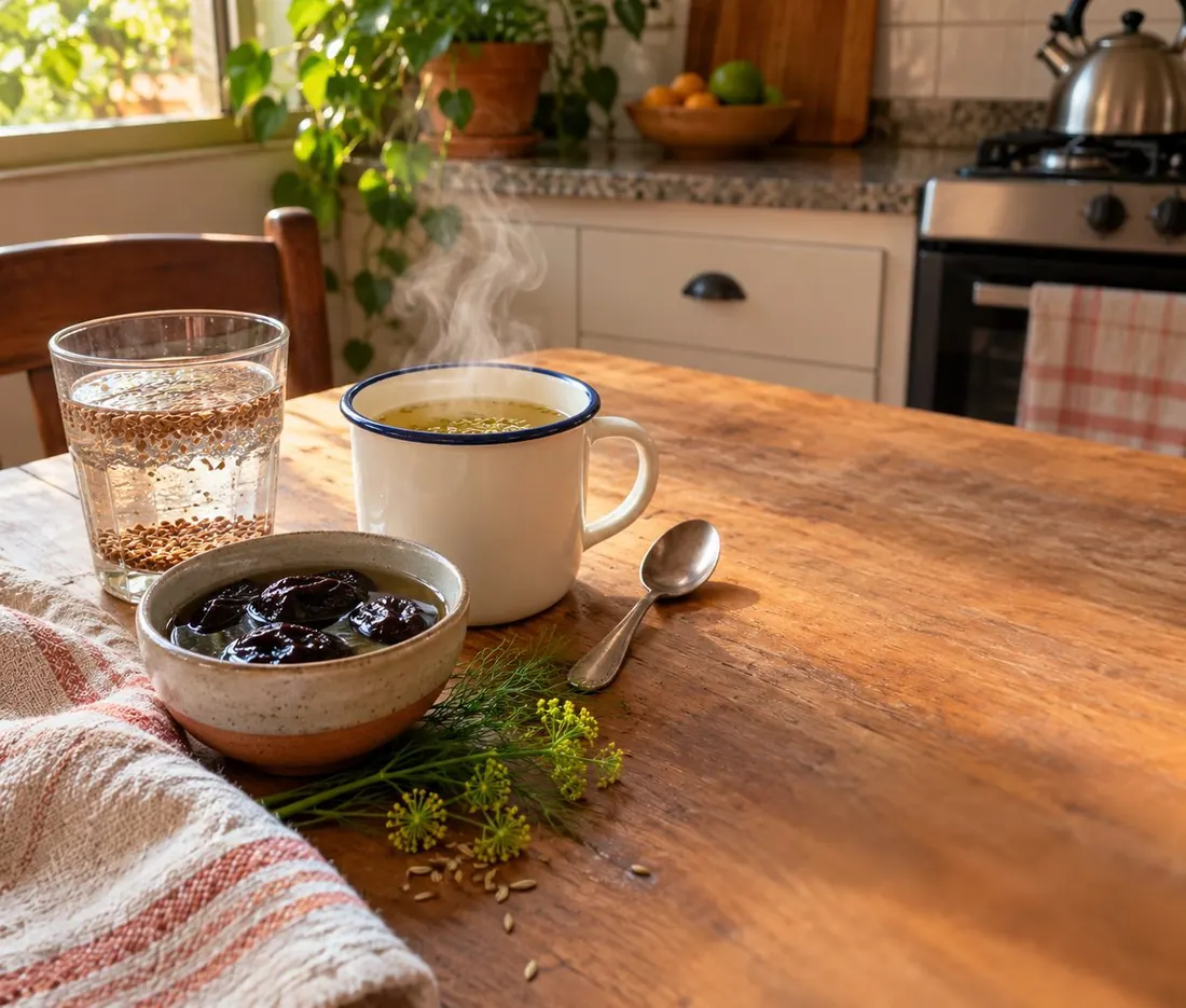 Chá de erva-doce, ameixas e linhaça numa mesa de cozinha