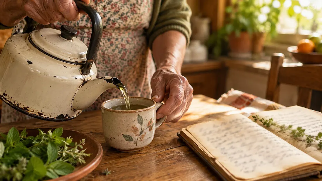 Mãos de uma senhora preparando chá na cozinha